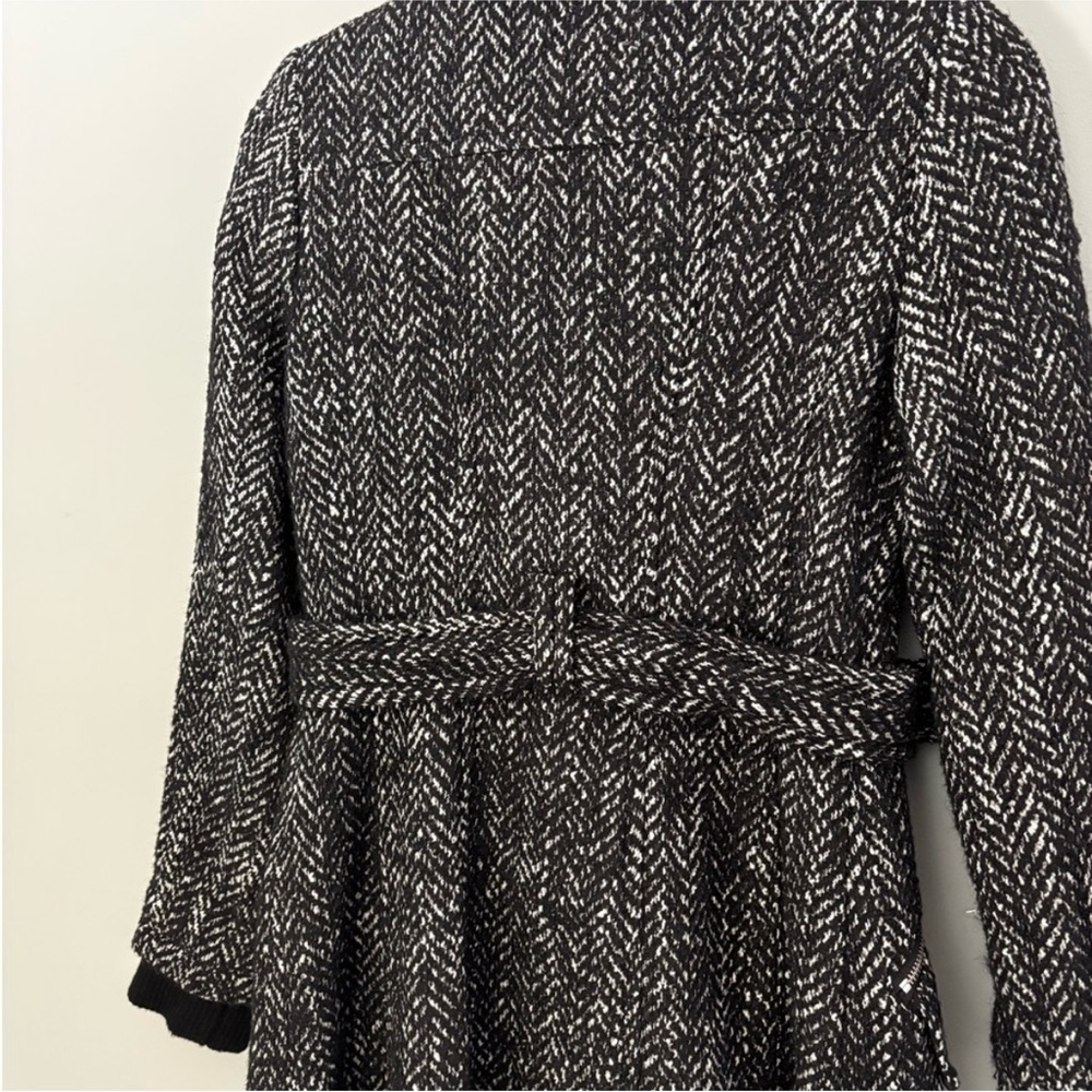 EXPRESS NWOT Wool-Blend Herringbone Belted Trench Coat Jacket Black White Tweed - Picture 10 of 16